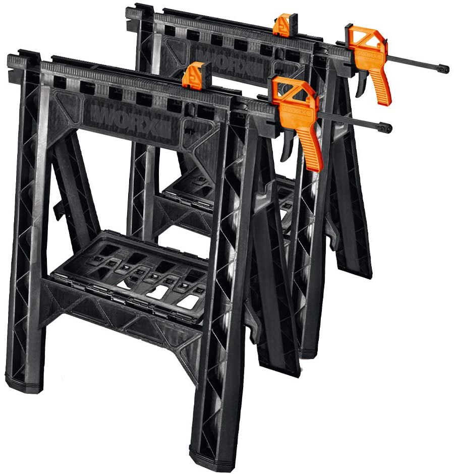 WORX Clamping Sawhorse Pair with Bar Clamps, Built-in Shelf and Cord Hooks – WX065